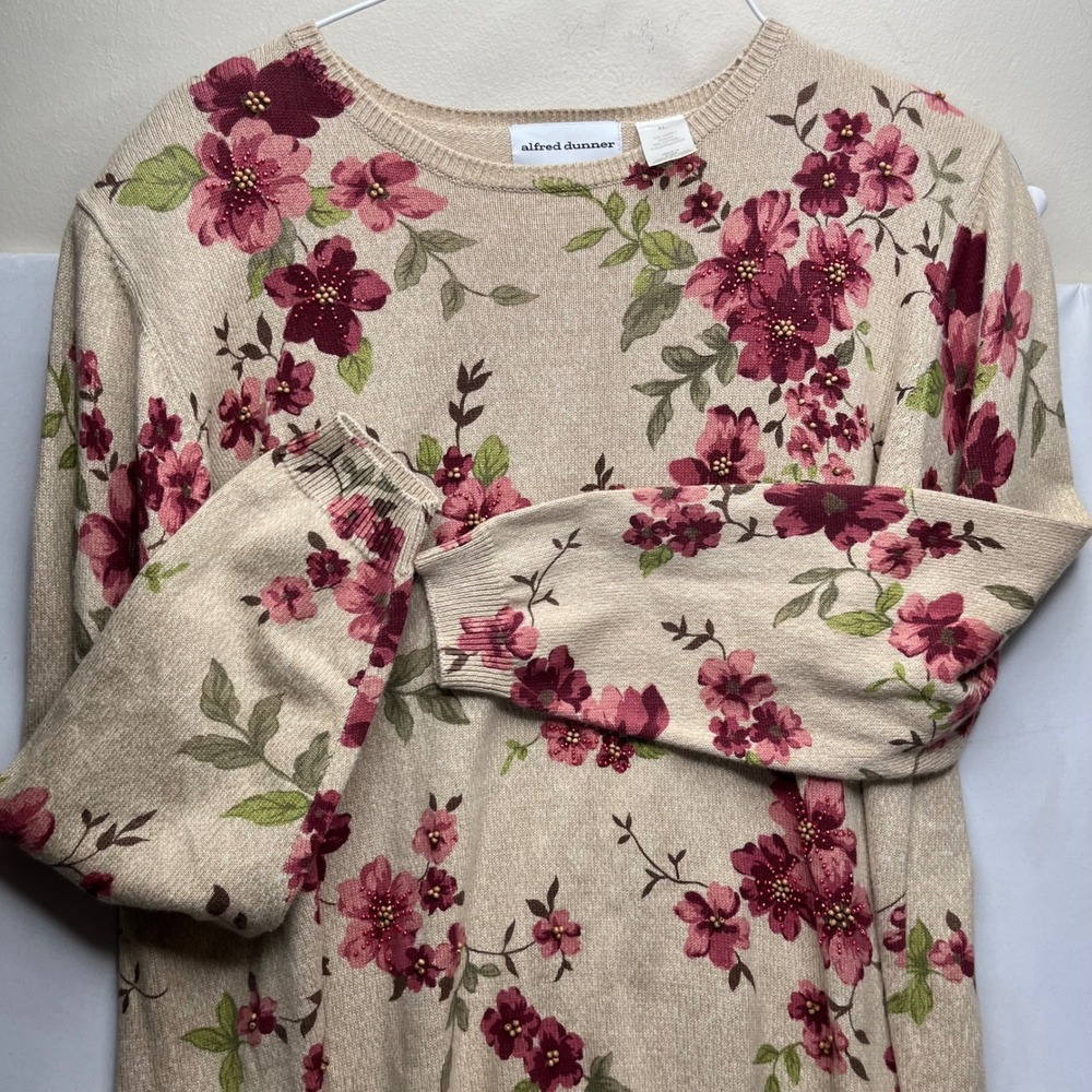 Alfred Dunner Sweater Womens XL Tan Red Floral Beaded Ramie Cotton Knit Pullover - Picture 6 of 9